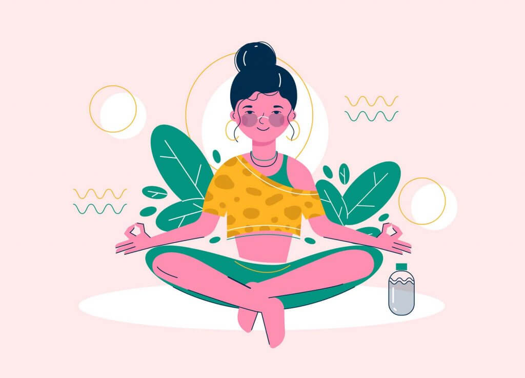 image of a woman floating and meditating, calm and happy