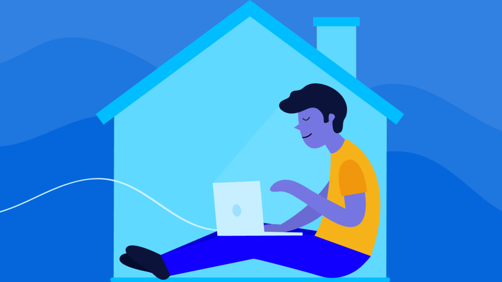illustration of a man working on a laptop computer inside a house
