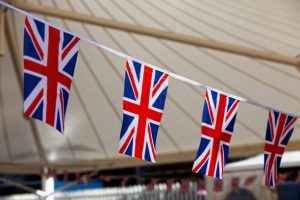 Red, white and blue british flag bunting to celebrate the VE Day.