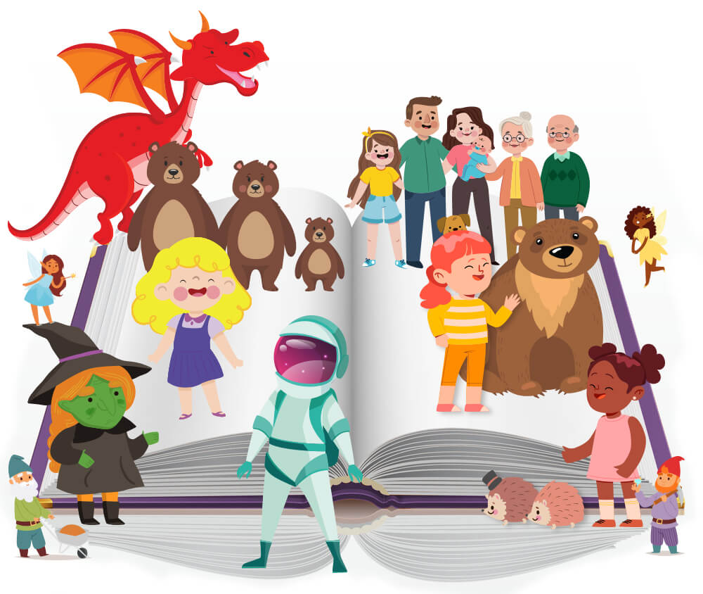 a storybook illustration showing characters from childrens stories